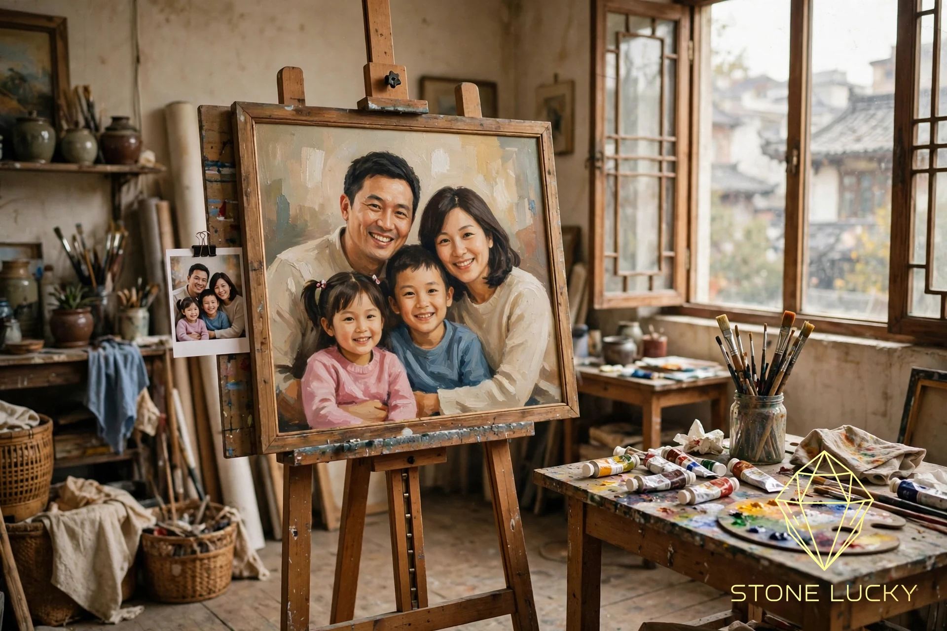 A painter's studio in China, with a custom oil portrait painted from a customer's photo standing on an easel
