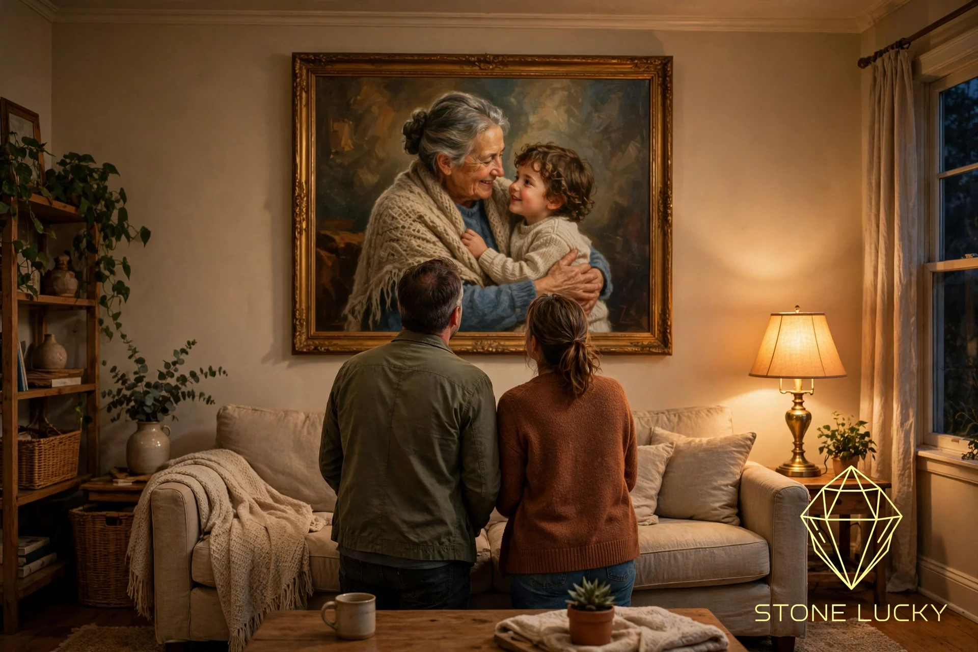 A couple standing in their living room, looking at a custom painting of a grandmother holding her grandson