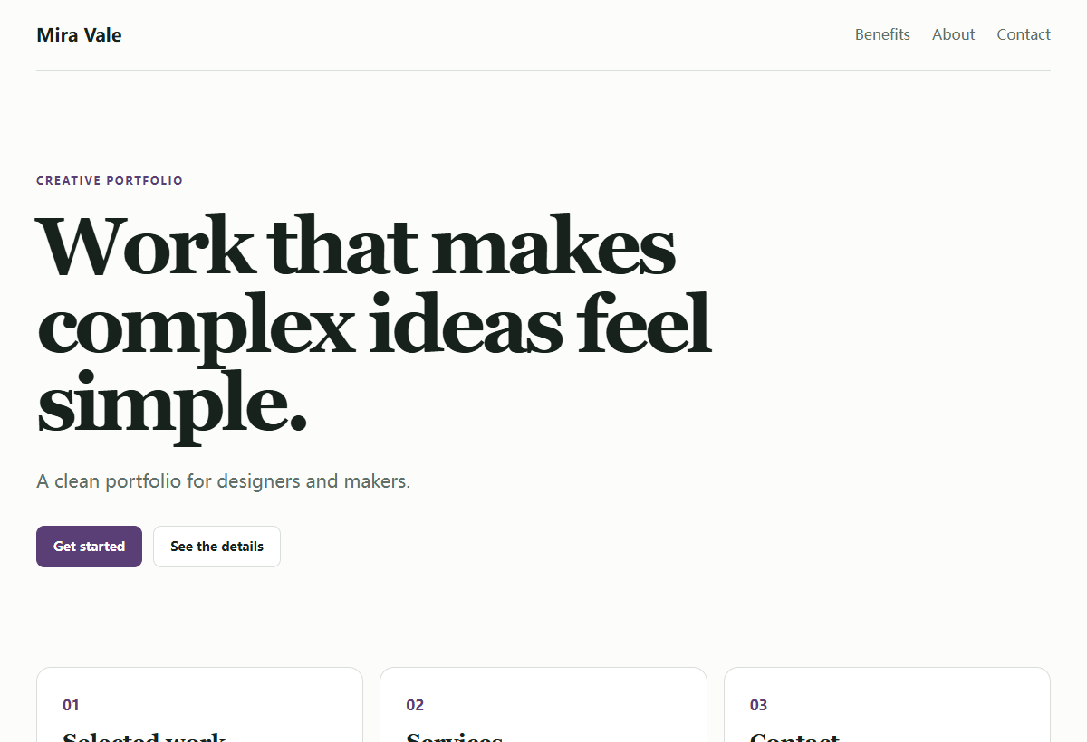 Mira Vale creative portfolio included in the template pack