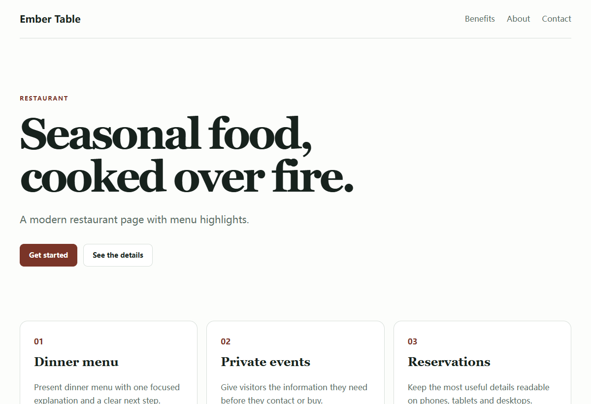 Ember Table restaurant website included in the template pack