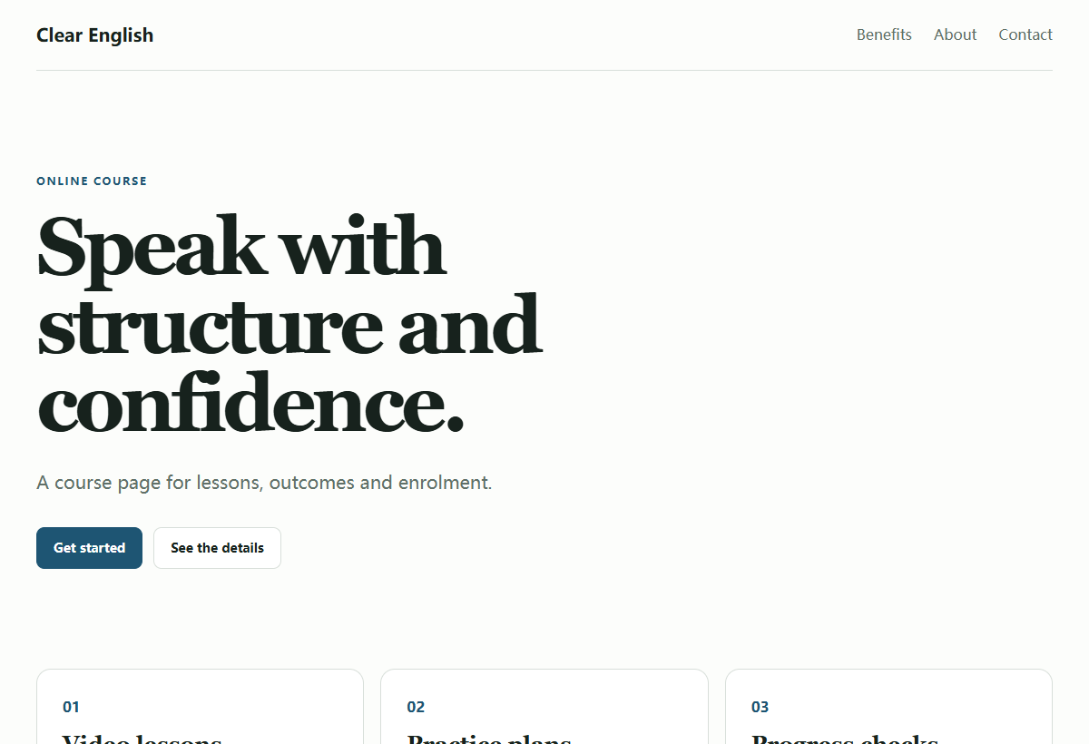 Clear English online course website included in the template pack