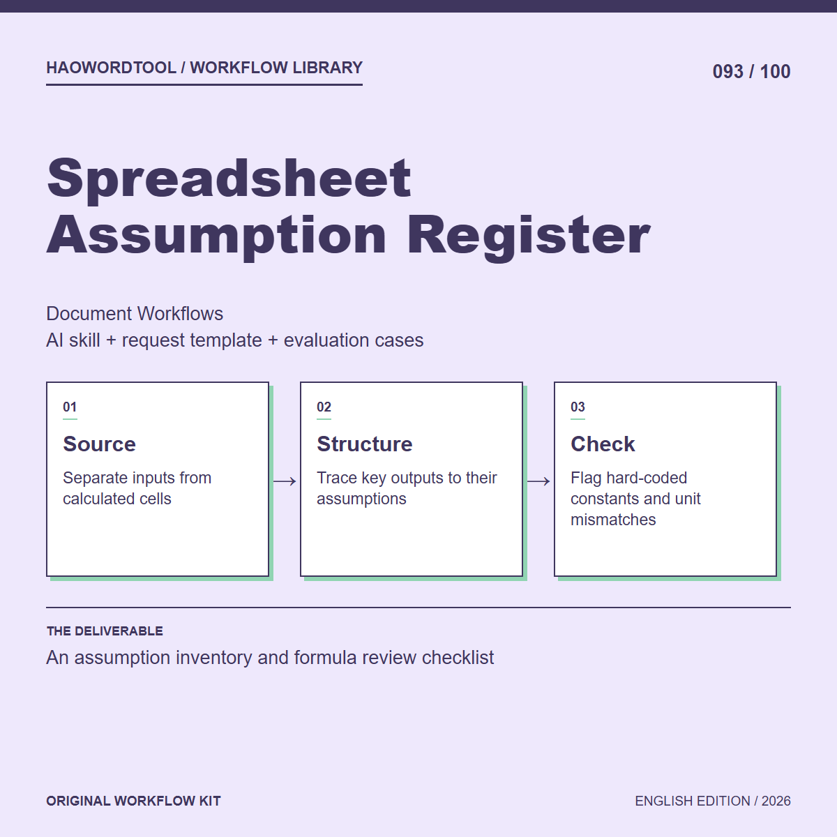 Spreadsheet Assumption Register workflow preview