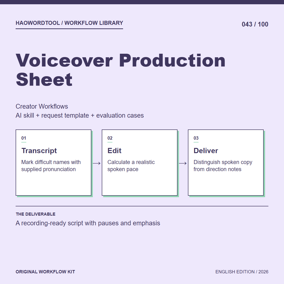 Voiceover Production Sheet workflow preview